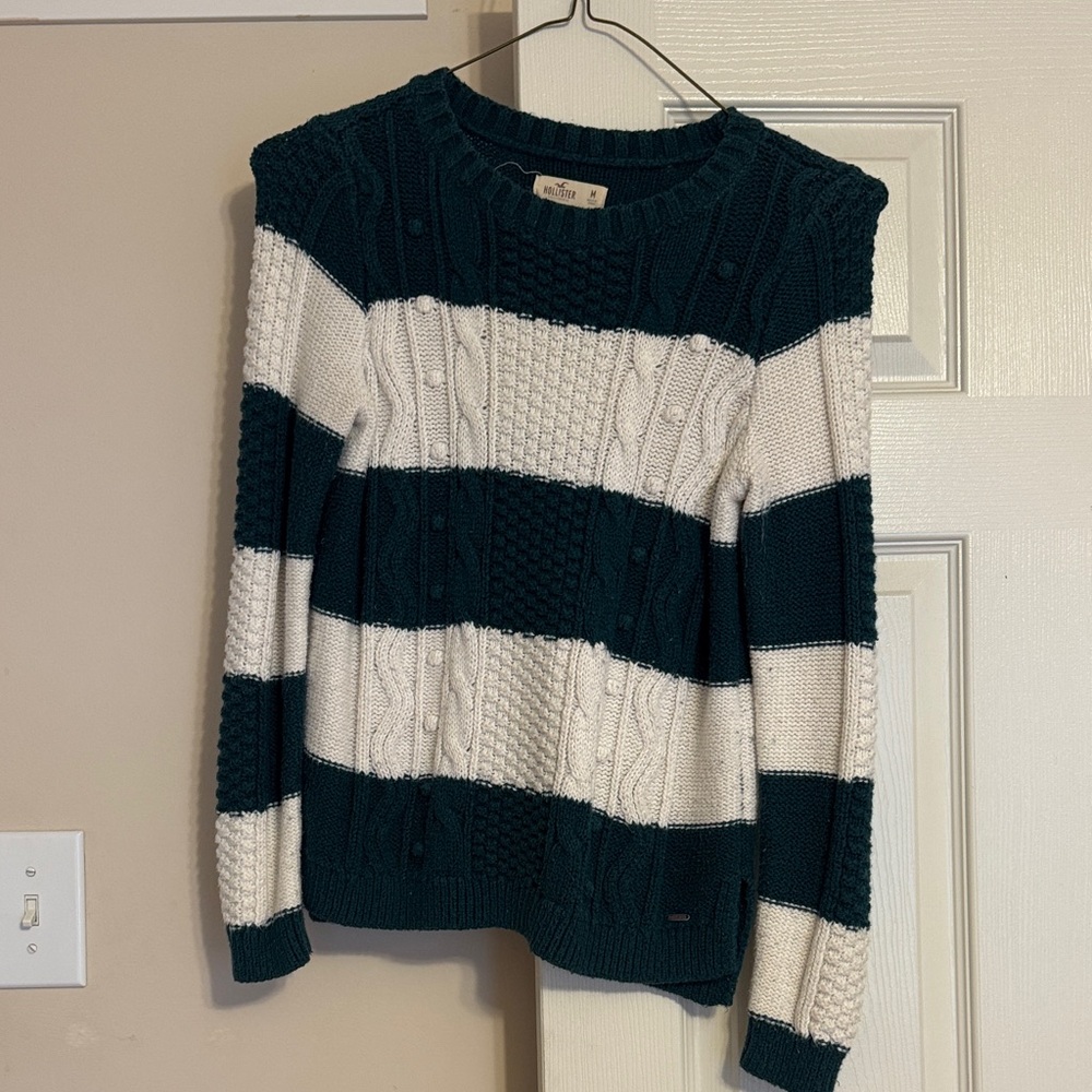 Hollister Dark Green and White Striped Sweater